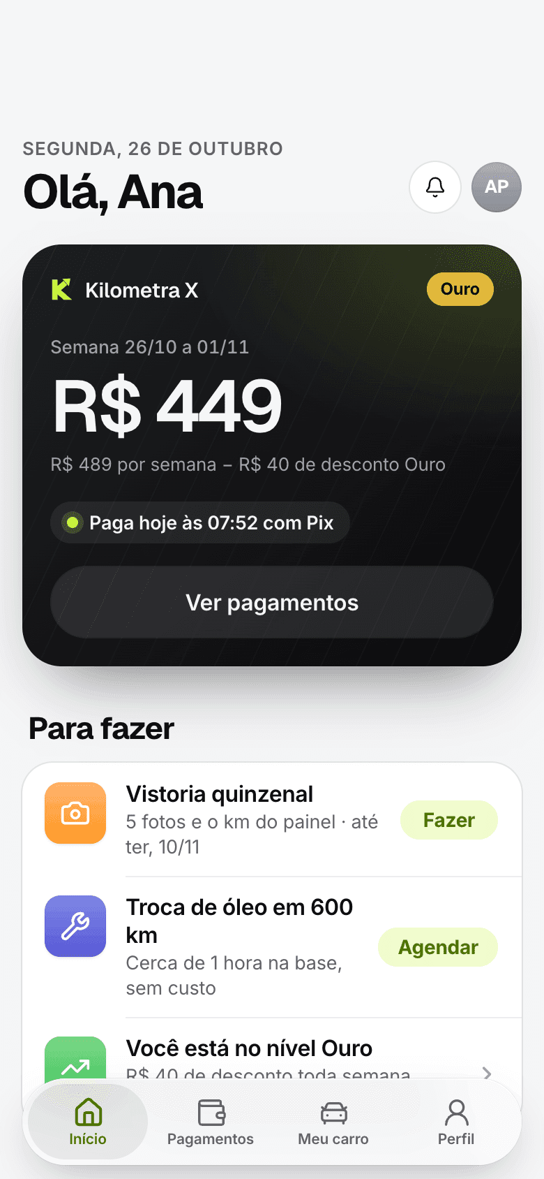 App da Kilometra no iPhone: a semana paga, o nível Ouro e o que fazer no dia