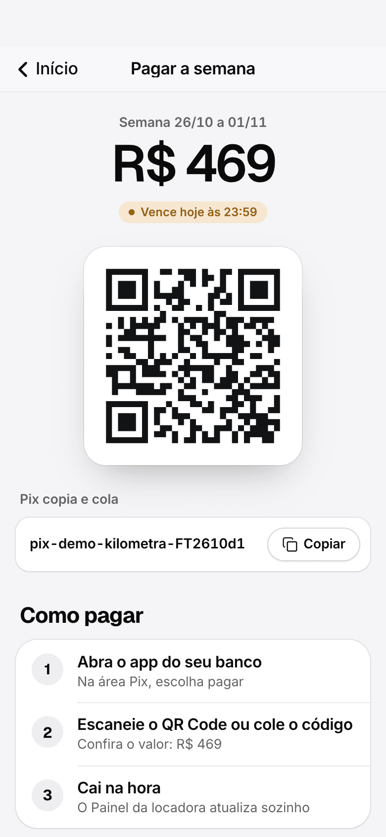 Tela do Pix no app: o valor da semana, o QR Code e o Pix copia e cola